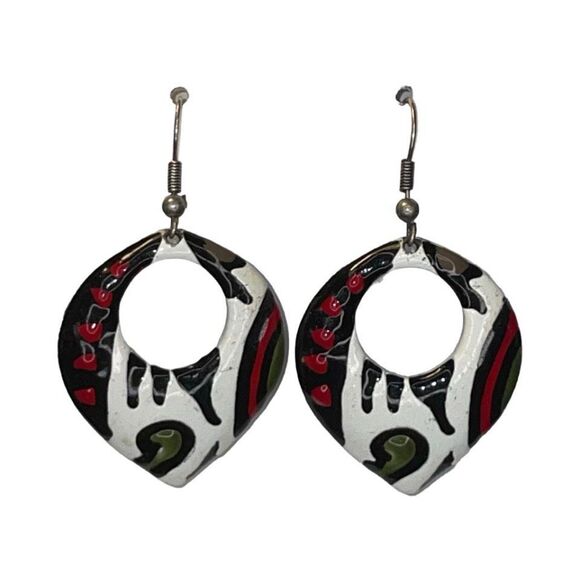 Vintage Y2K Hand Painted Enamel Abstract Print Earrings Red White Green Black Me - Picture 1 of 4